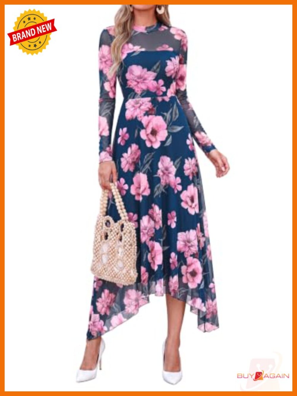 Women's Floral Mesh Midi Dress Long Sleeve Mock Neck Fit & Flare